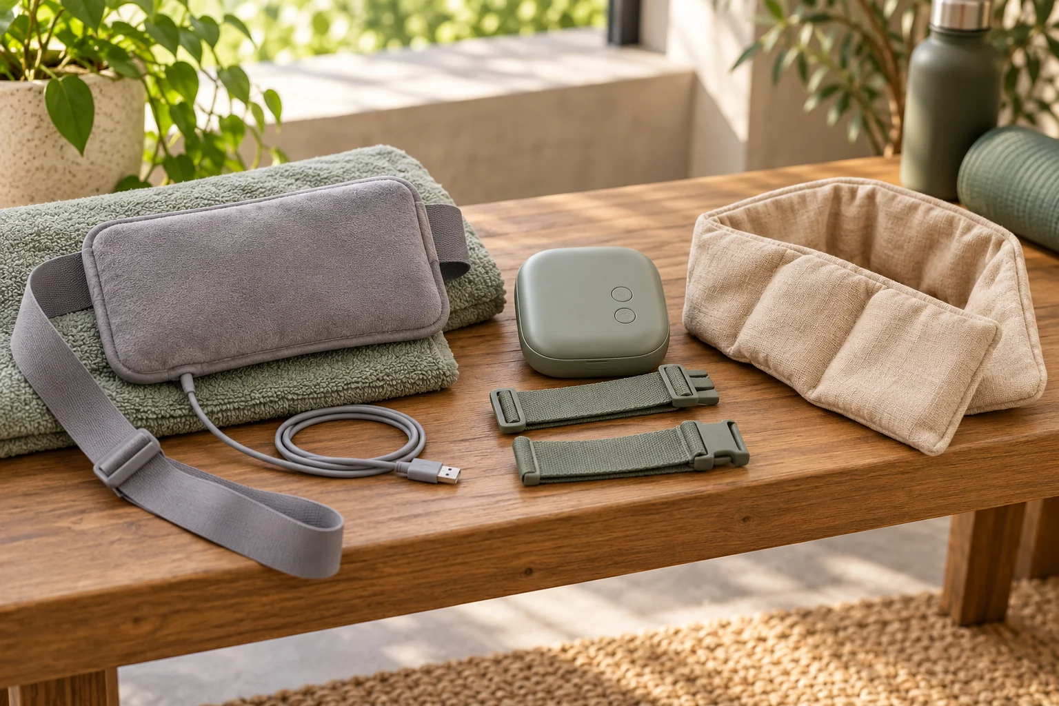 Three generic temperature-therapy formats: USB pad, compact hot-and-cold device, and microwave wrap