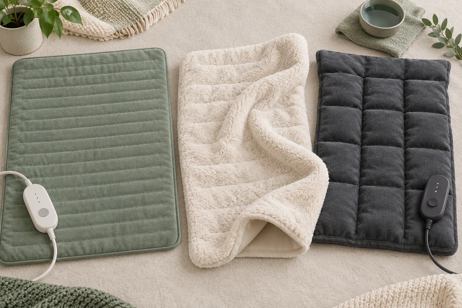 Three generic heating pad formats in standard, plush, and weighted styles