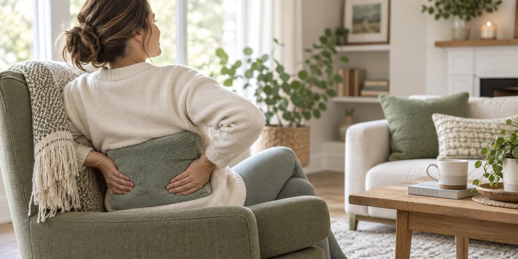 Seated adult holding a soft generic heating pad against the lower back