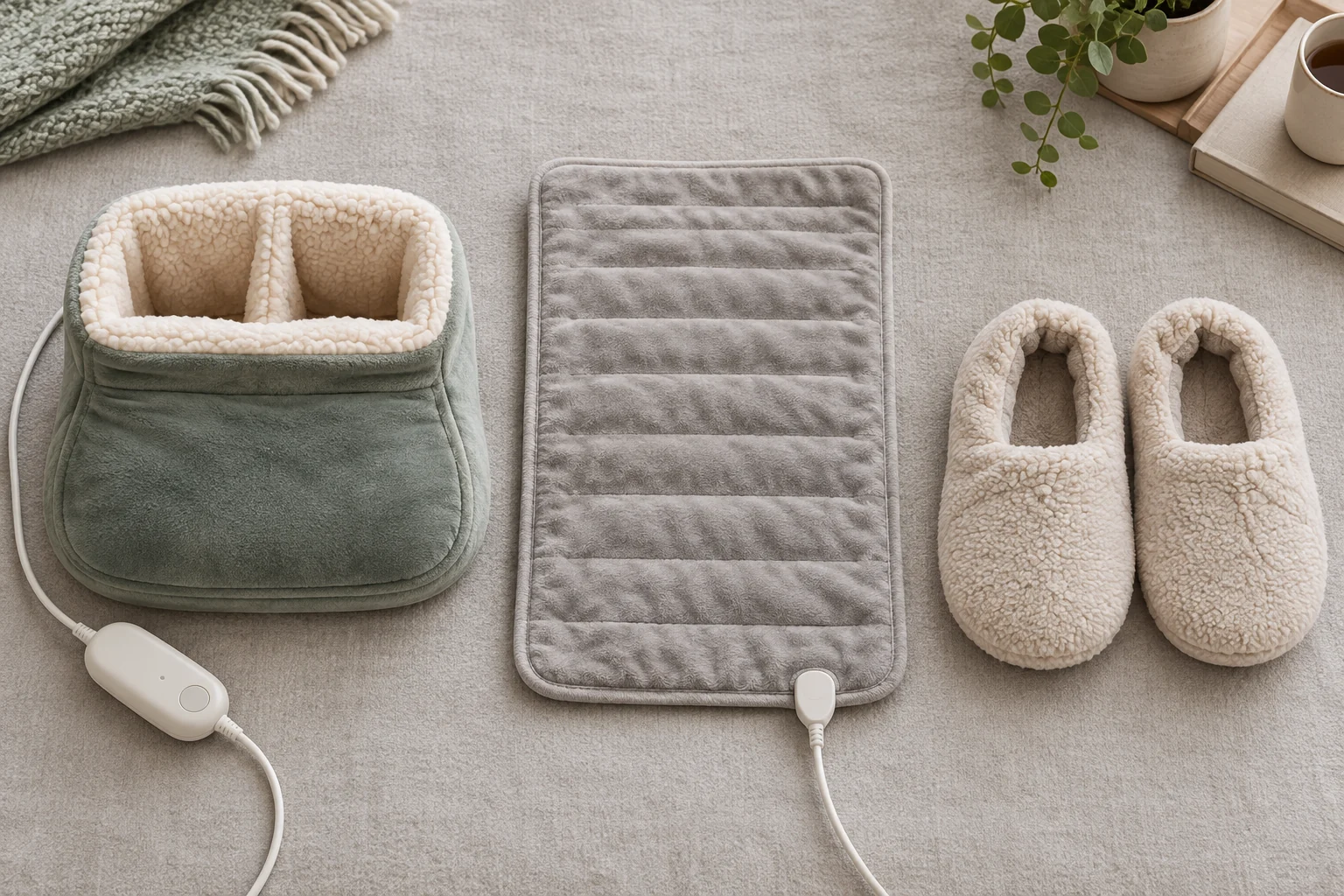 Three generic foot-warming formats: an electric pouch, a flat heating pad, and microwavable slippers