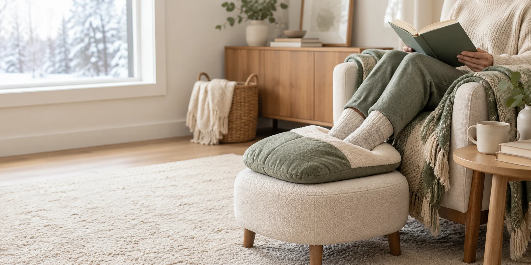 A seated reader resting socked feet in a soft warming pouch