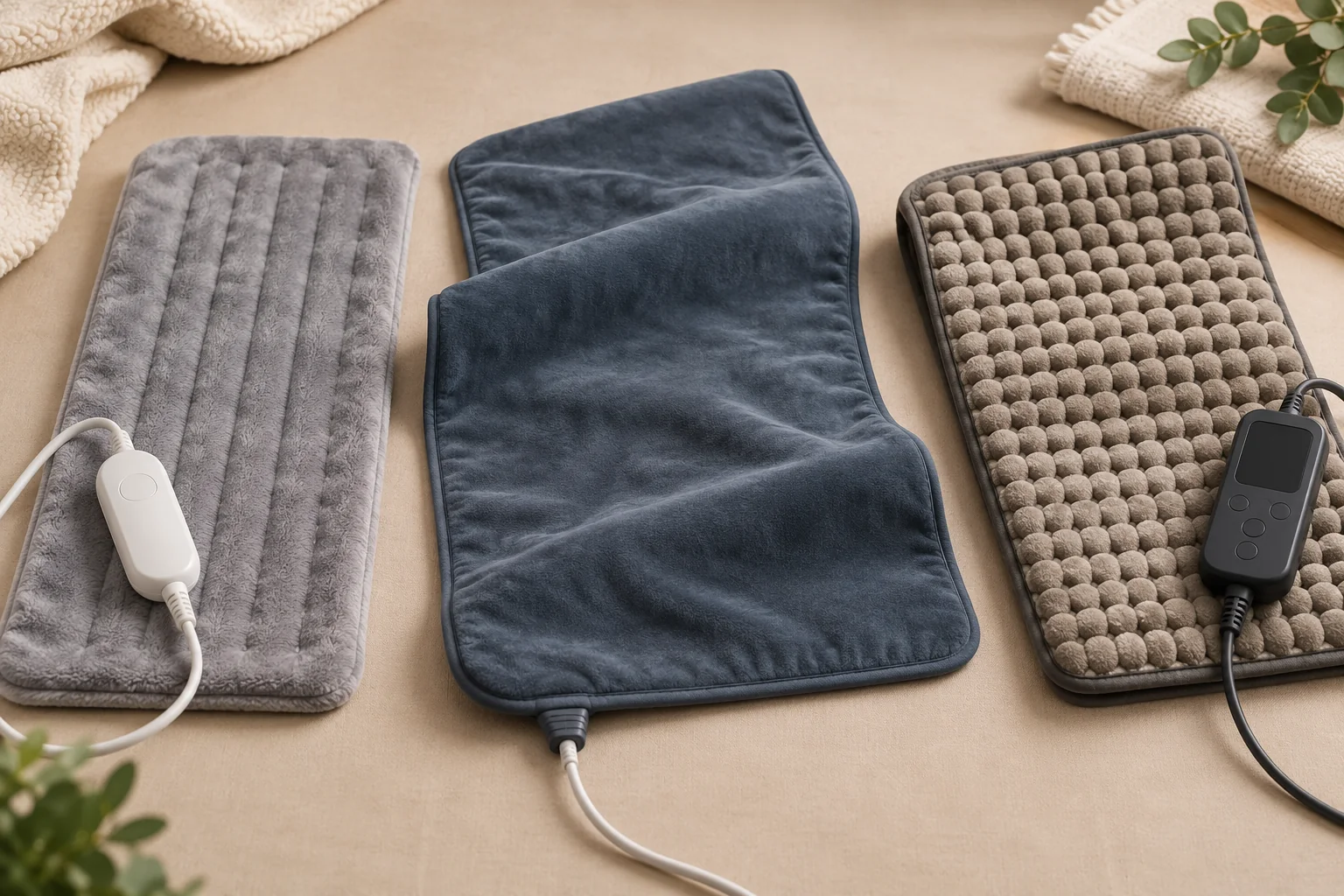 Three generic heating-pad formats with different fabrics, sizes, and controllers