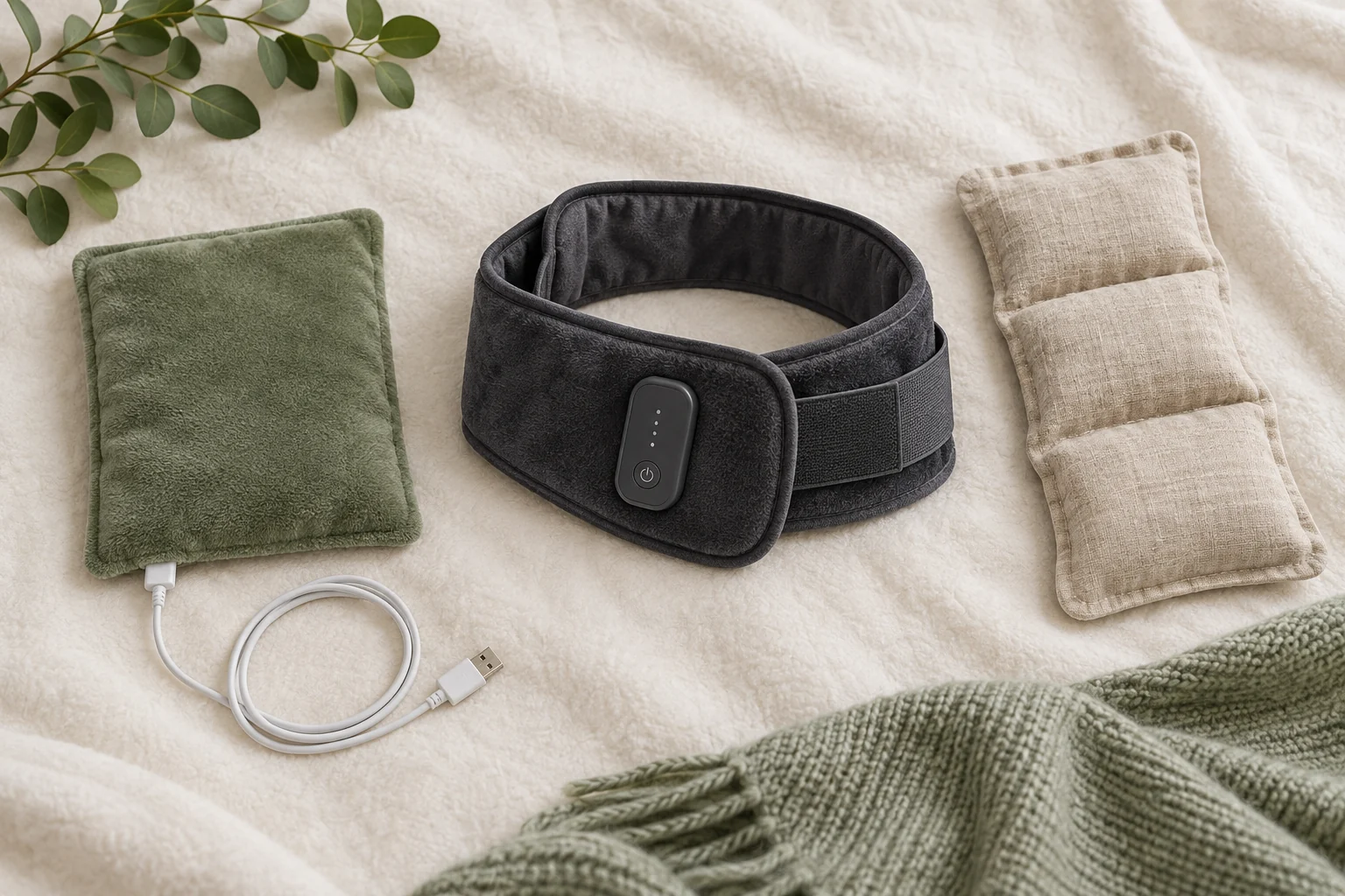 Three generic travel heat formats: USB pad, cordless wrap, and microwaveable wrap