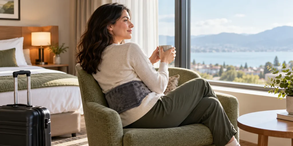 Traveler resting with a generic soft warming wrap over clothing