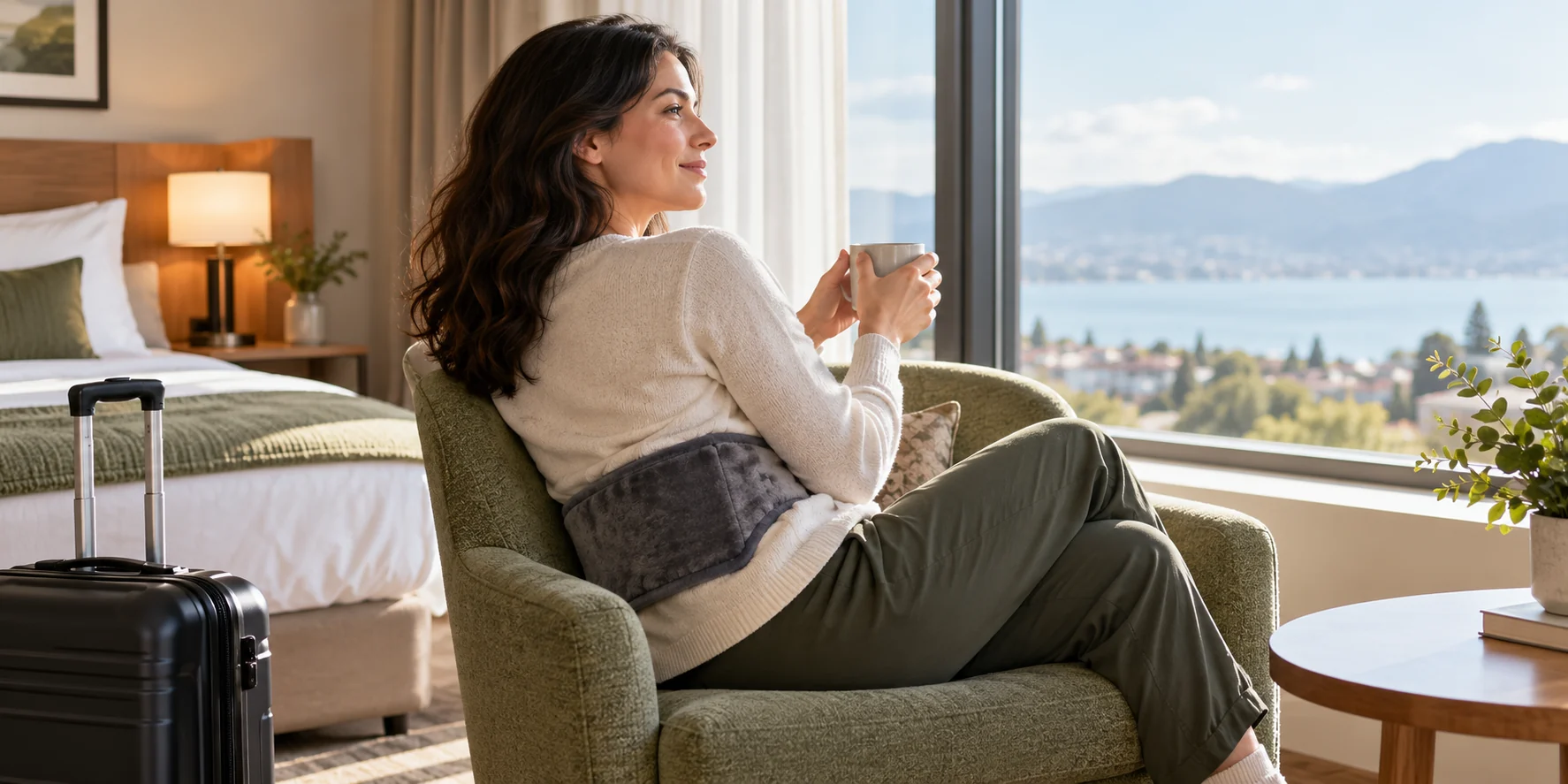 Traveler resting with a generic soft warming wrap over clothing