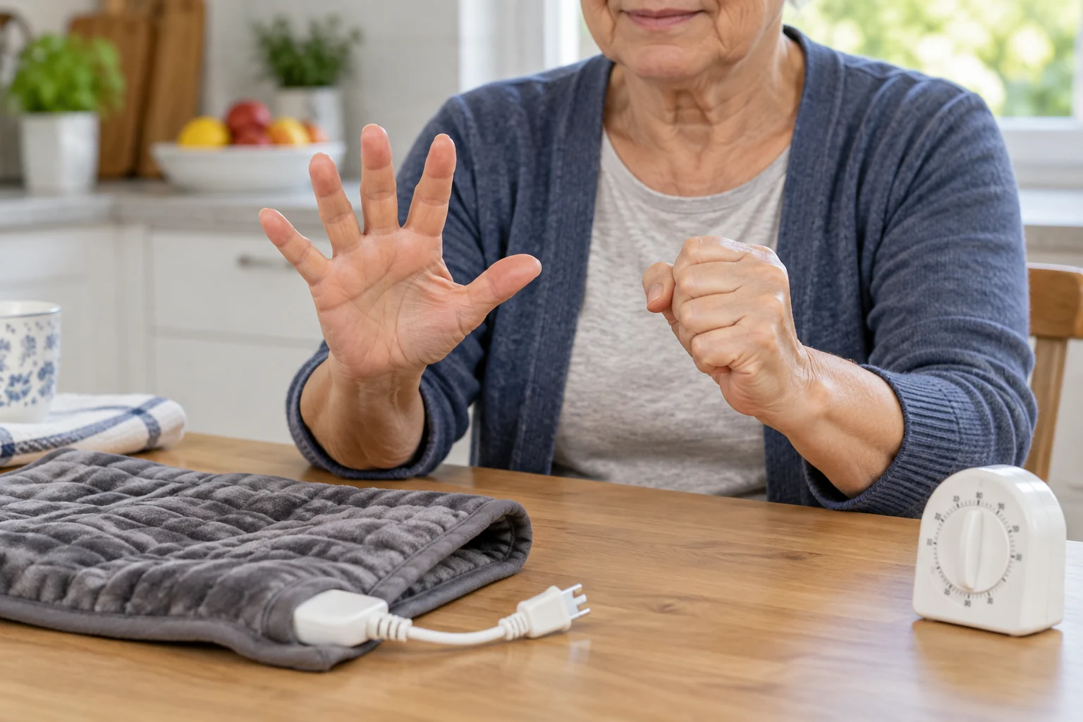 Older adult performing gentle hand movement after a brief heat session