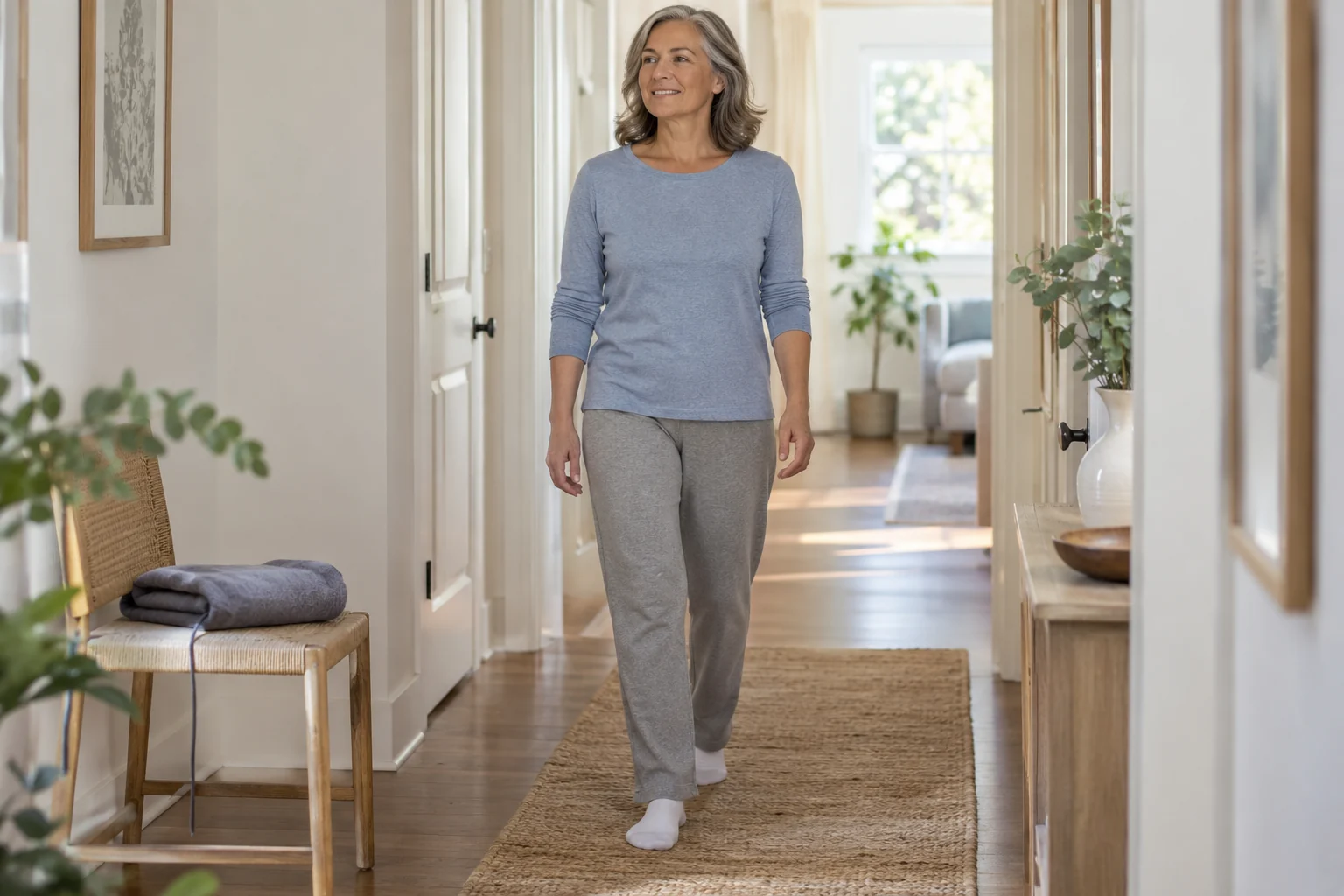 Person taking a gentle walk after a short heat session for back stiffness