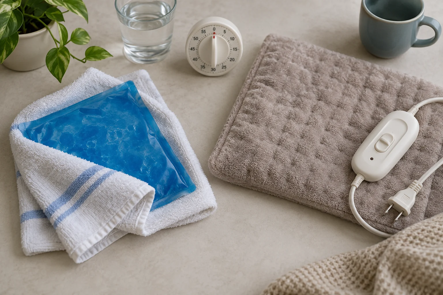 Wrapped cold pack and unplugged heating pad arranged with a timer
