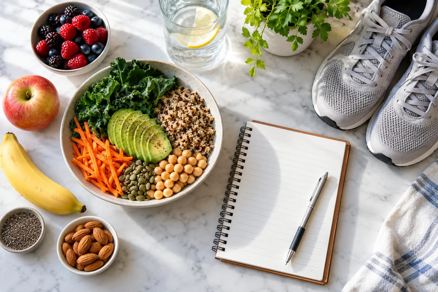 Fiber-rich foods, water, walking shoes, and routine notebook