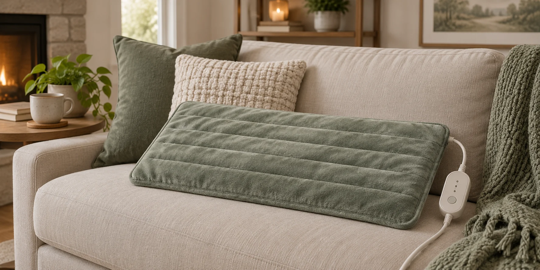 Generic extra-large plush electric heating pad and controller on a sofa