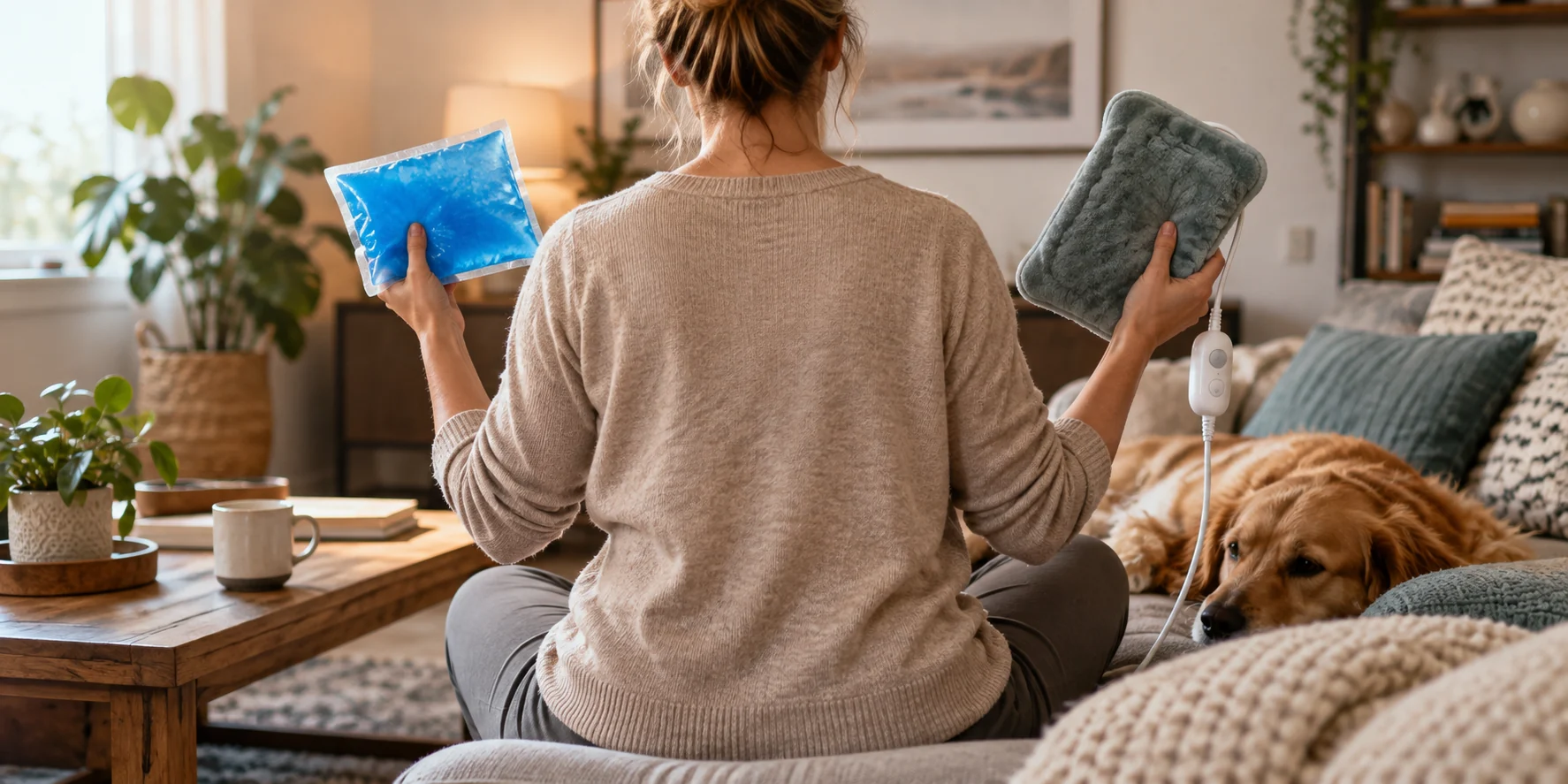Person comparing a cold pack with a heating pad for back discomfort