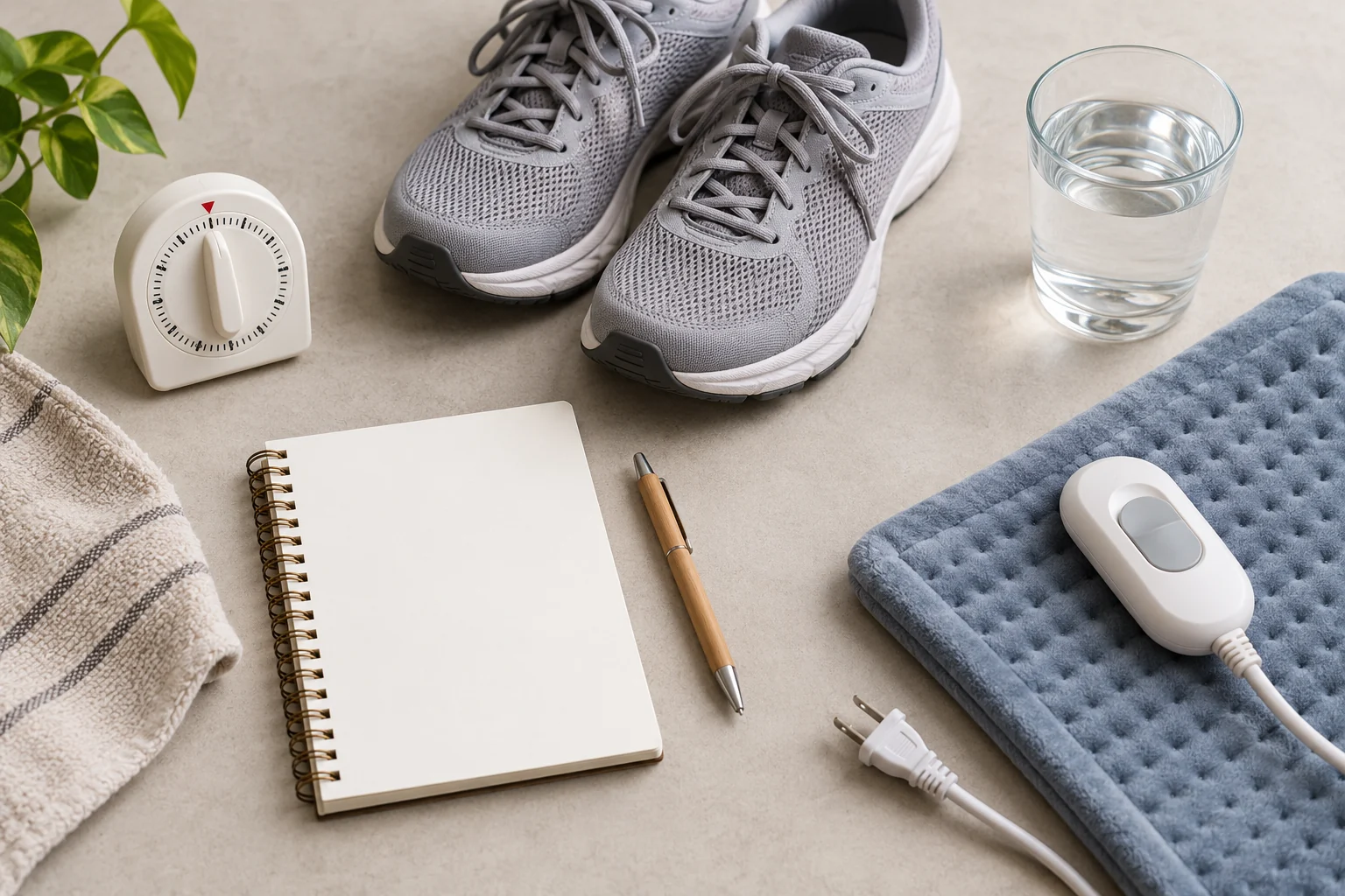 Timer, walking shoes, and notes used to judge heat-therapy goals