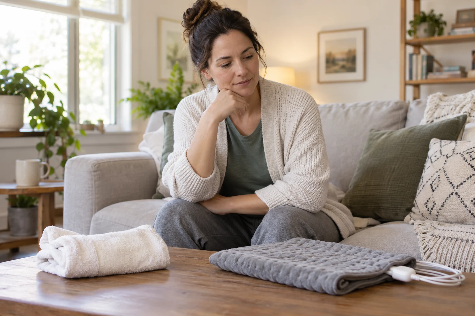 Person comparing a warm compress with an unplugged electric heating pad