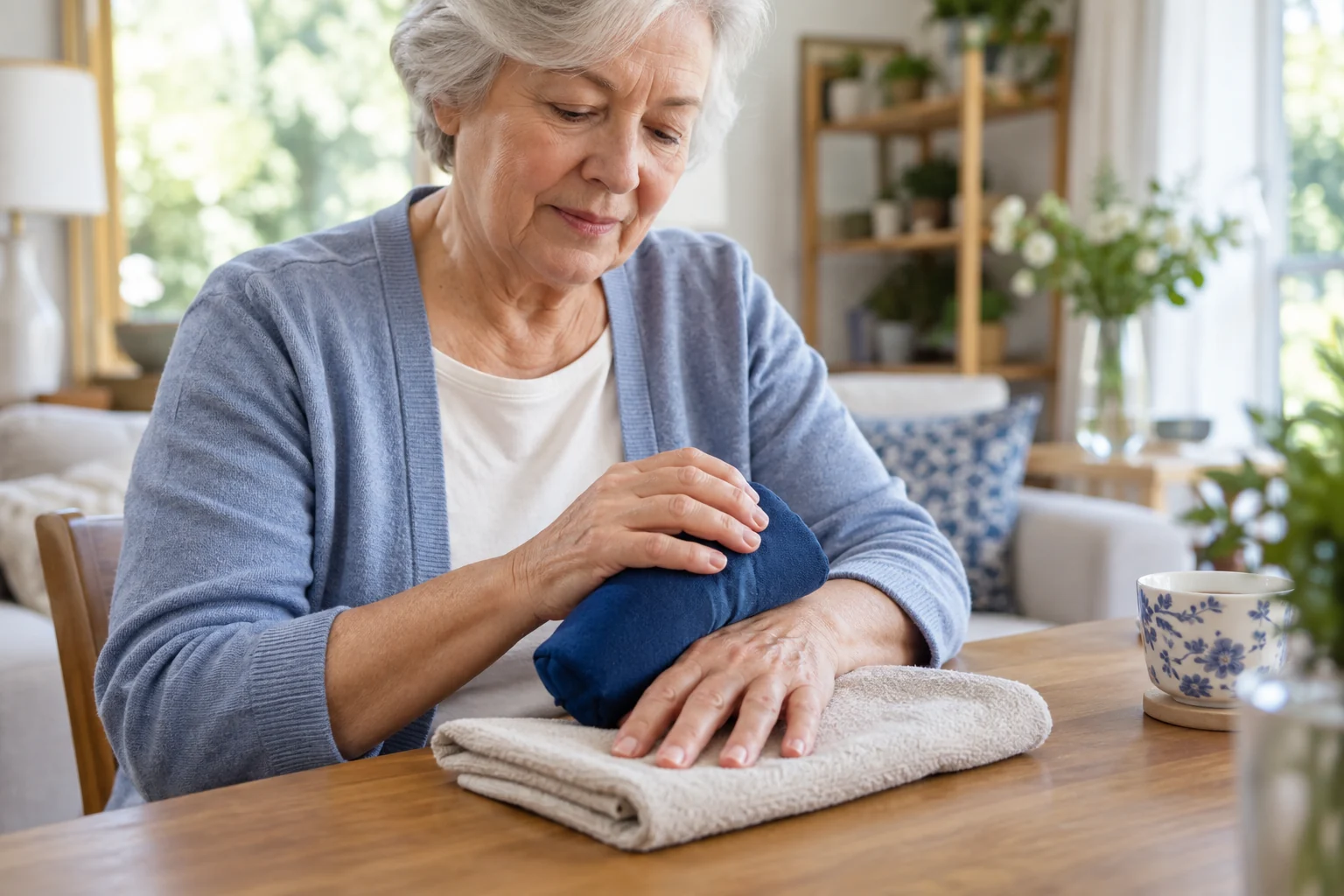 Older adult using a wrapped warm pack near a stiff hand joint