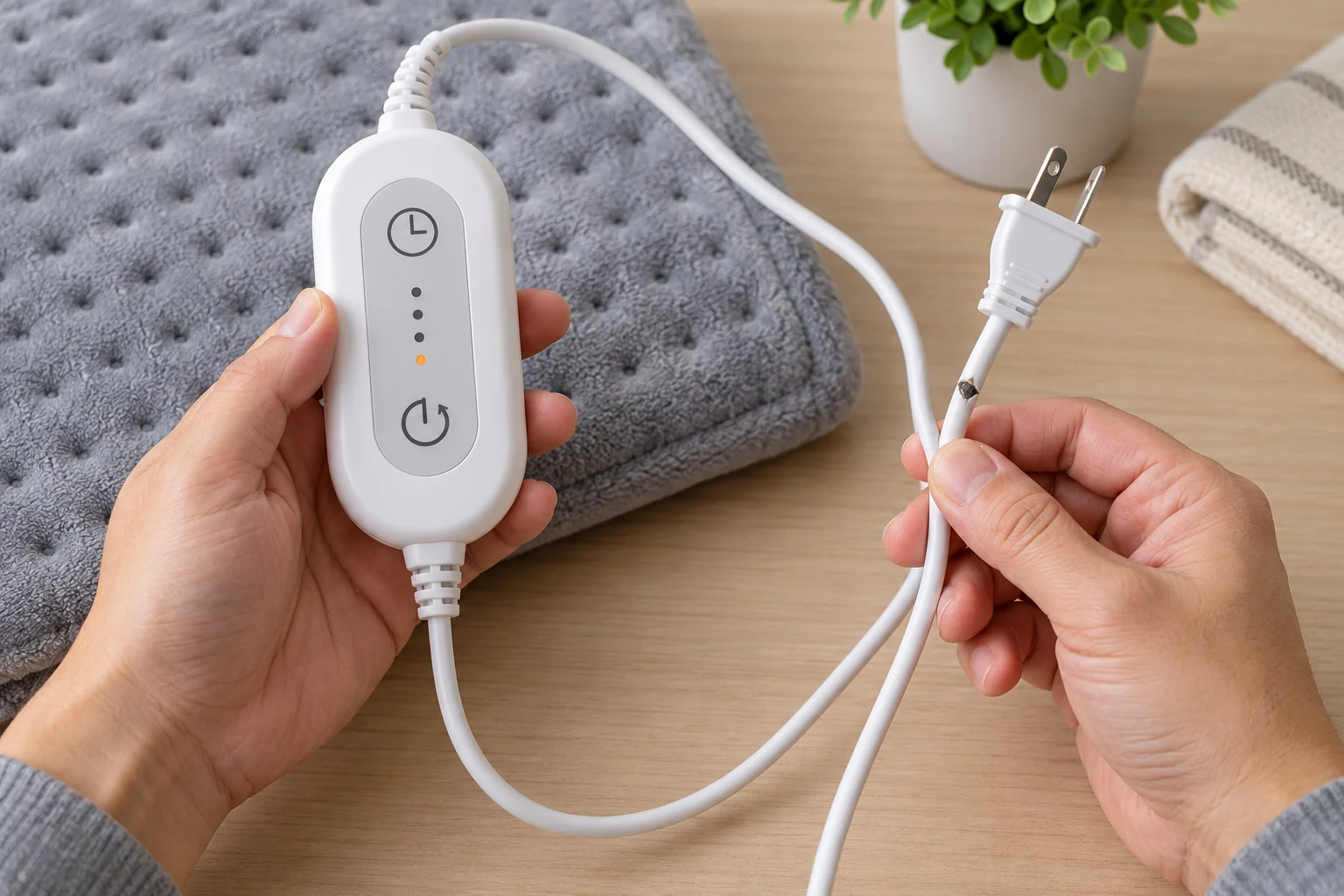 Hands inspecting a heating-pad controller and cord