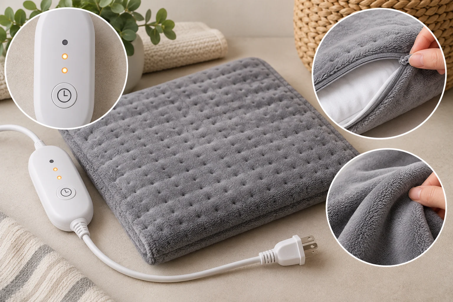 Heating-pad controller, washable cover, cord, and timer features