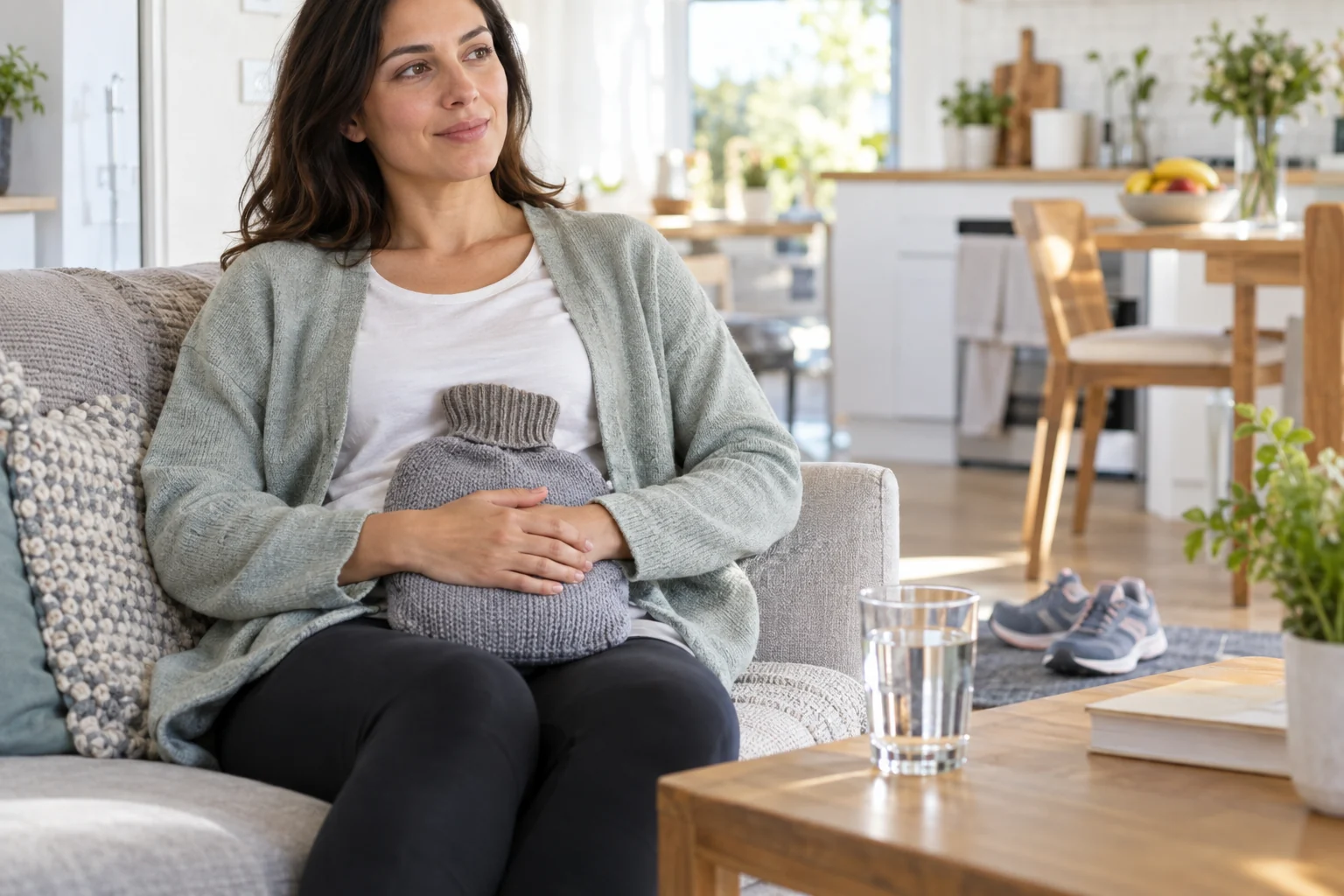 Person using a wrapped warm bottle for abdominal comfort with water nearby