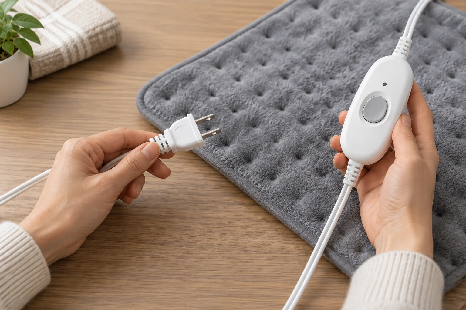 Hands inspecting an unplugged heating pad cord and controller