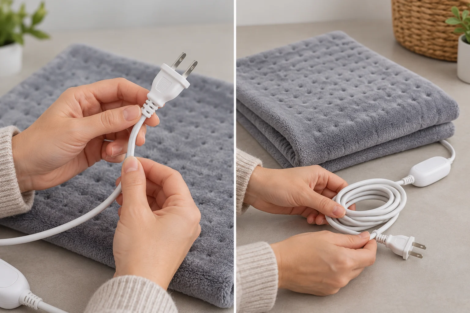 Cord inspection and loose storage of a heating pad