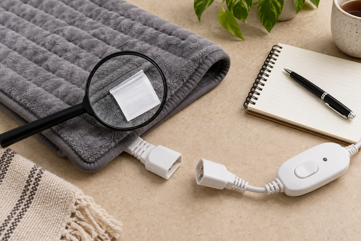 Unplugged generic heating pad with magnifying glass and blank notepad for checking model information