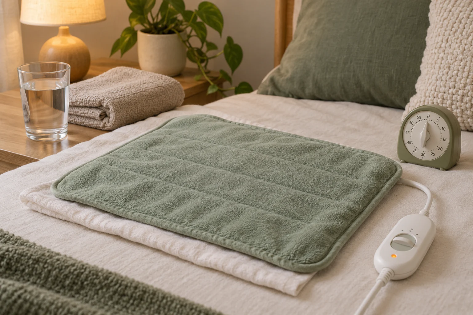 Heating pad laid flat with a protective cloth, visible controller, water, and timer
