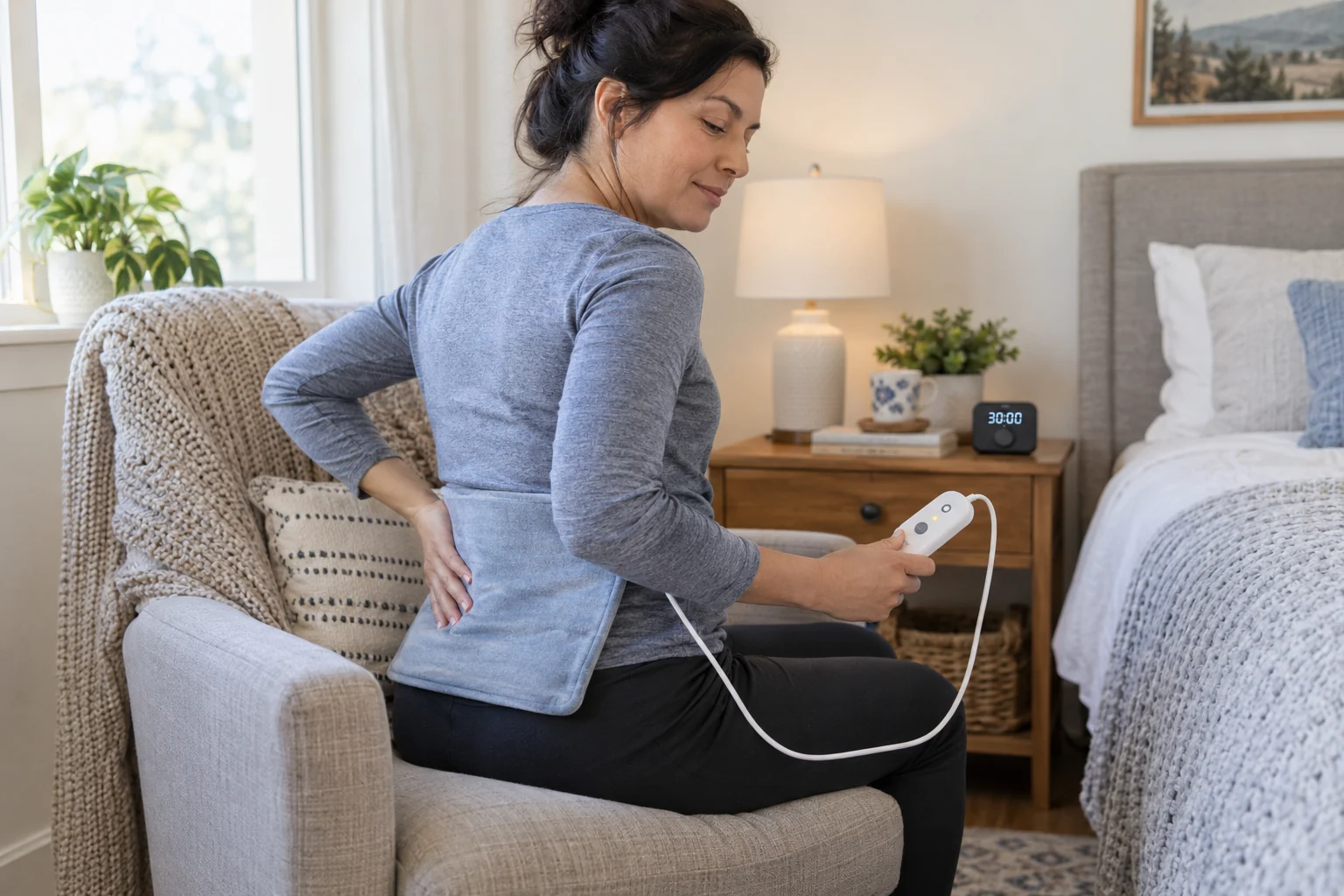 Low-setting heating pad with timer and fabric barrier