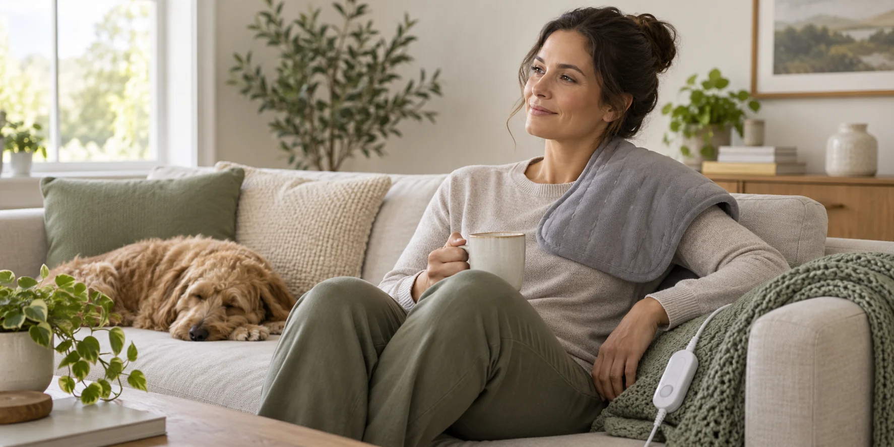 Alert adult resting with a soft heating pad over clothing on the shoulder