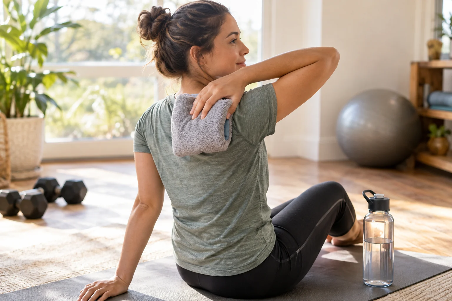 Adult using mild heat on a sore shoulder while awake