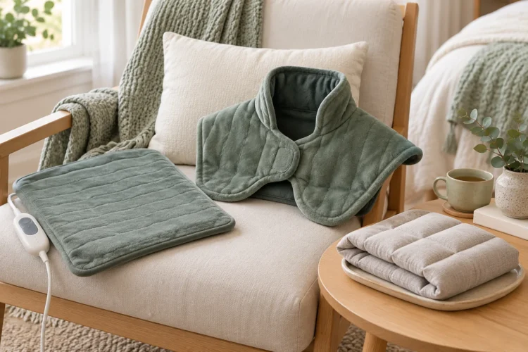 A heating pad and contoured heated wrap side by side