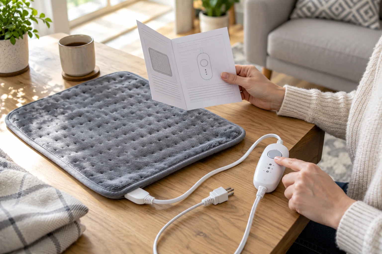 Heating pad set up safely with controller visible