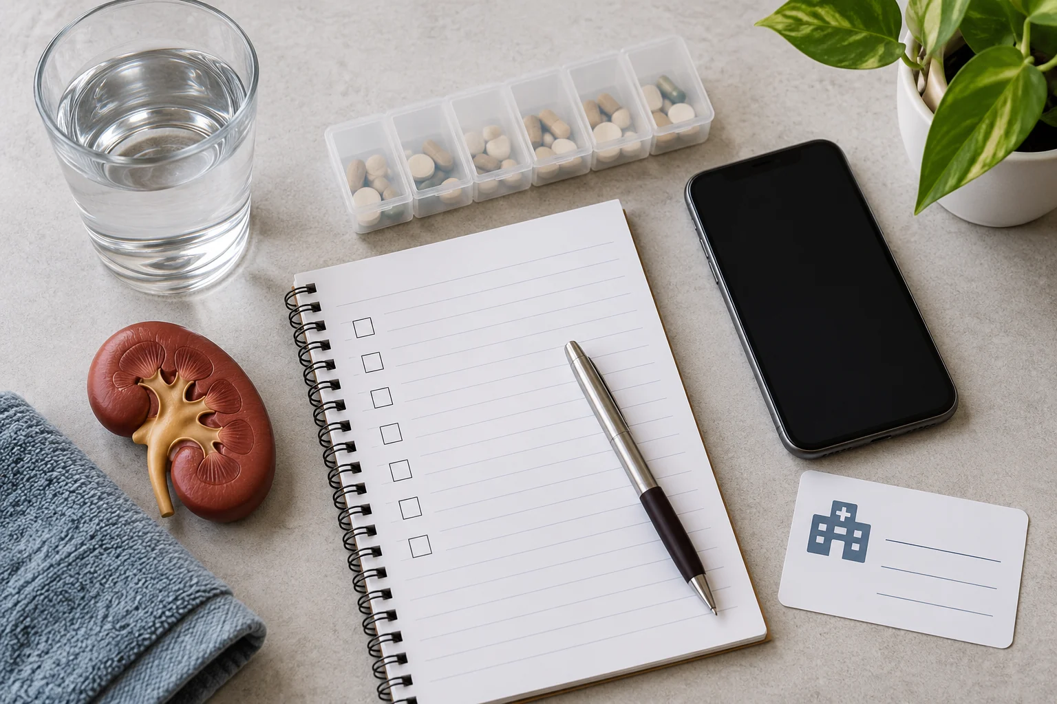 Water, medication plan, and clinician contact for kidney-stone care