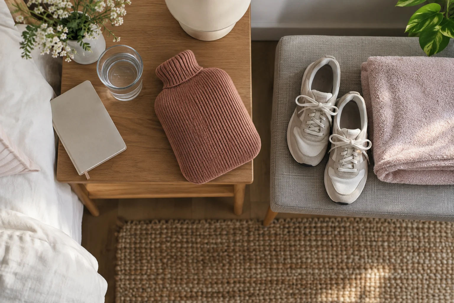 Warm bottle, water, calendar, walking shoes, and towel for menstrual self-care
