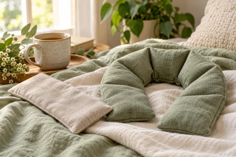 Sage green heat packs and soft blankets in a sunlit corner