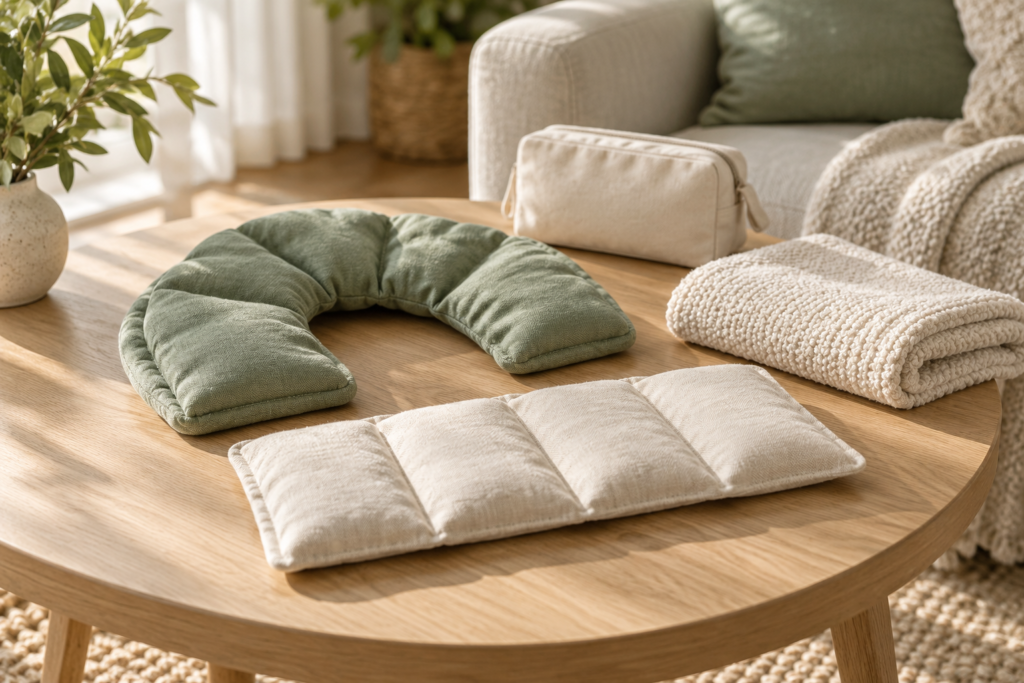 Generic sage neck wrap and cream segmented microwavable heat pack on a pale wood table
