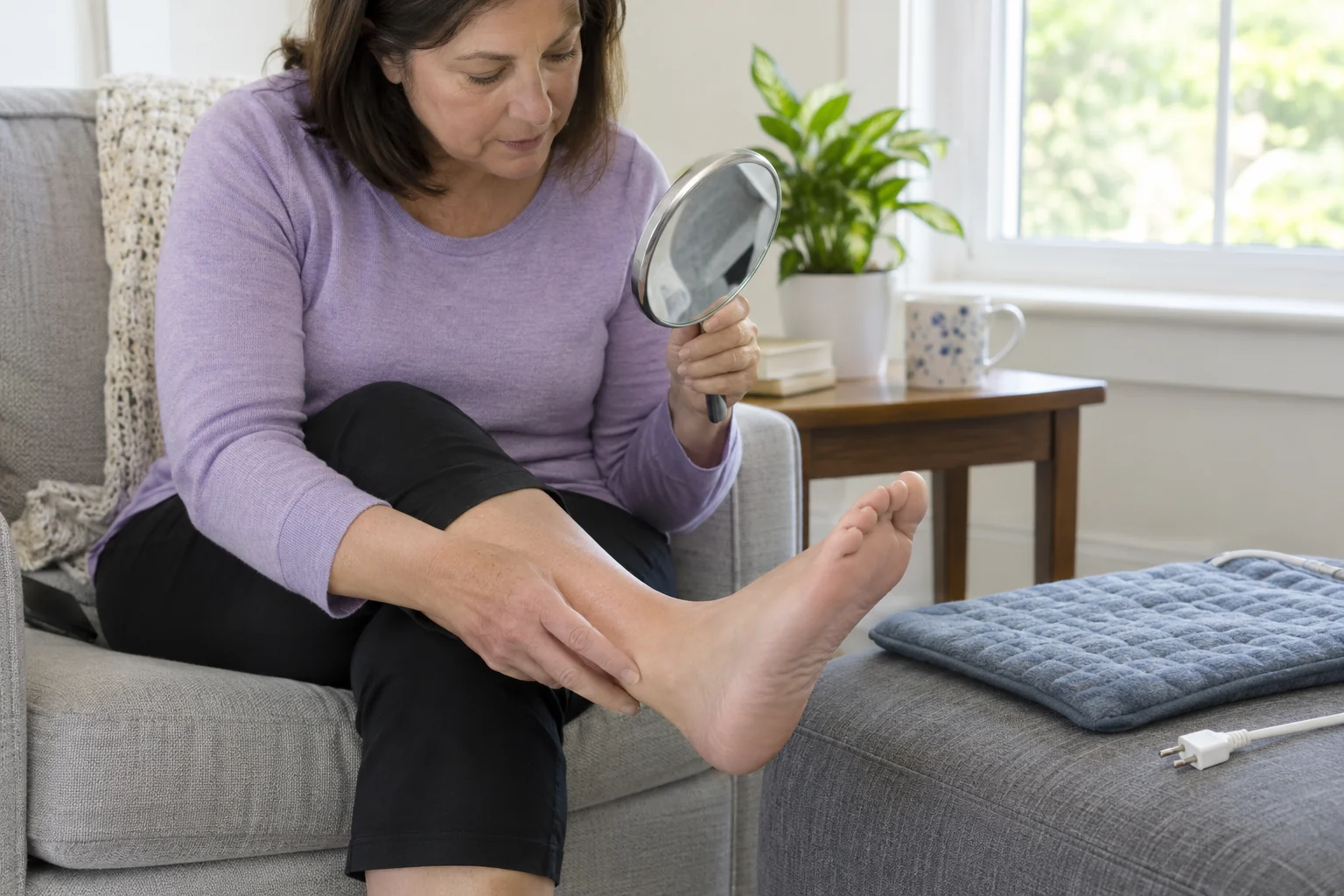 Person inspecting intact foot skin while an unplugged heating pad remains nearby