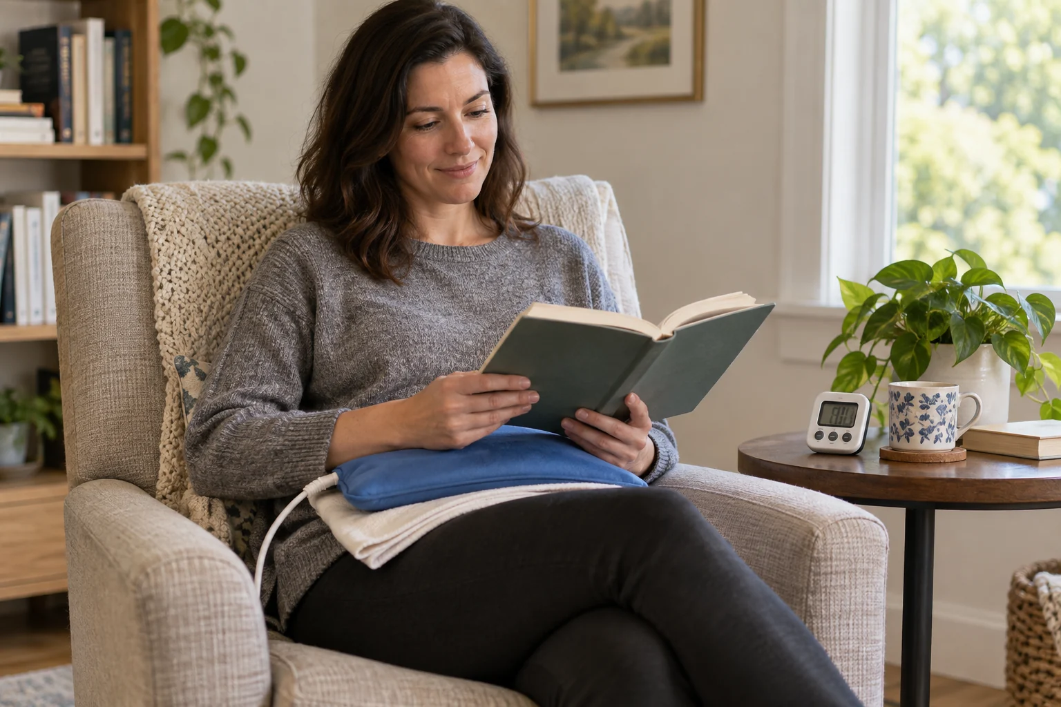 Awake seated adult using a flat heating pad over clothing with a timer