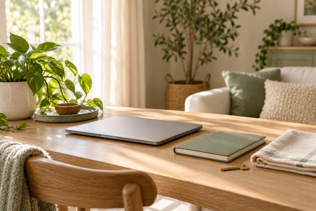Closed laptop and notebook in a calm private workspace