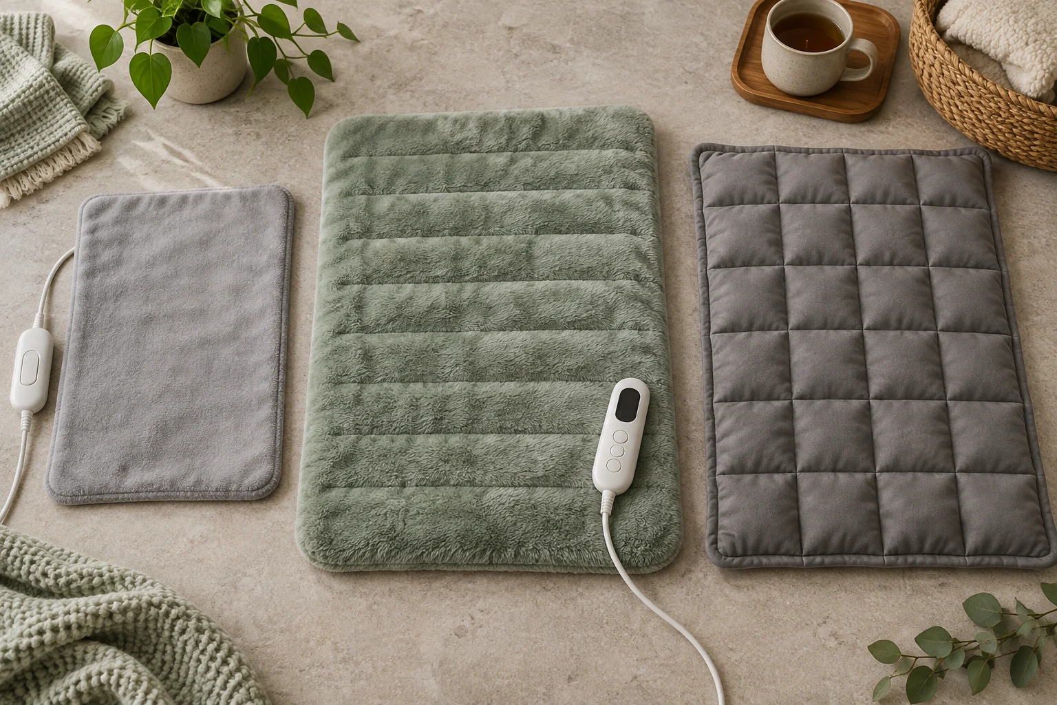 Generic standard, extra-large plush, and weighted heating pad formats compared